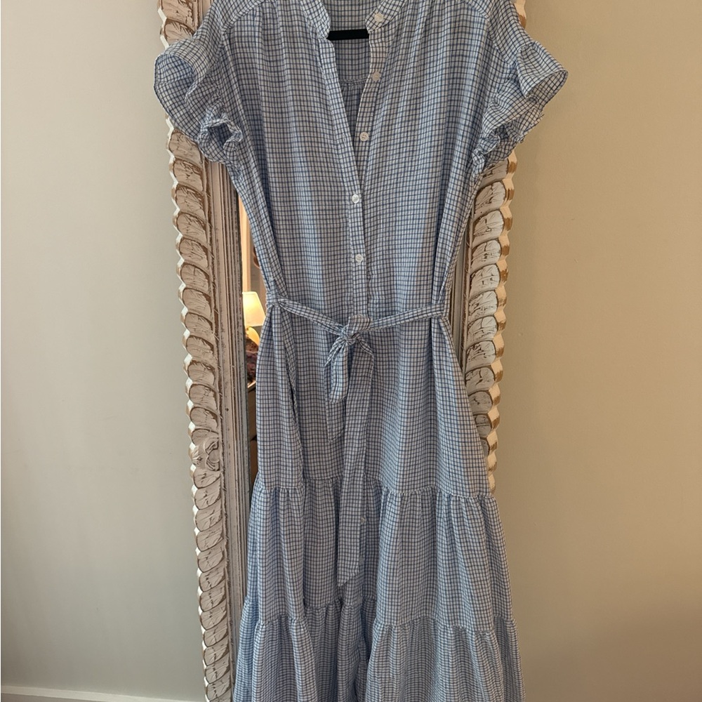 Max Studio Light Blue Gingham Tiered Button-Front Maxi Dress